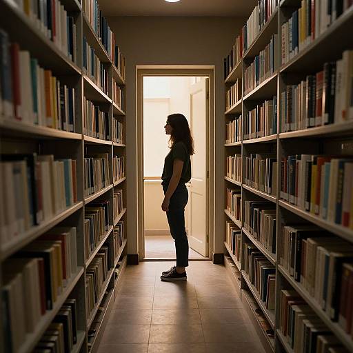 Silhouetted woman with long hair and backpack stands in library aisle, backlit by bright light from open door. Photographic image.