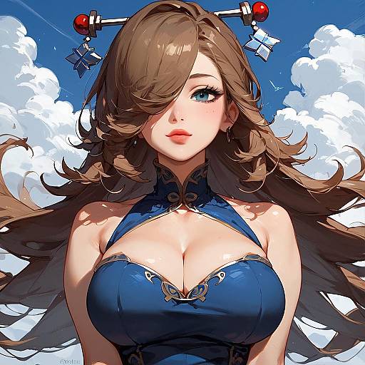 Anime Style Woman with Long Brown Hair and Blue Dress