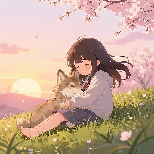 Anime-style drawing of a girl with long black hair, wearing a white hoodie and blue skirt, cuddling a happy fox under cherry blossoms at sunset