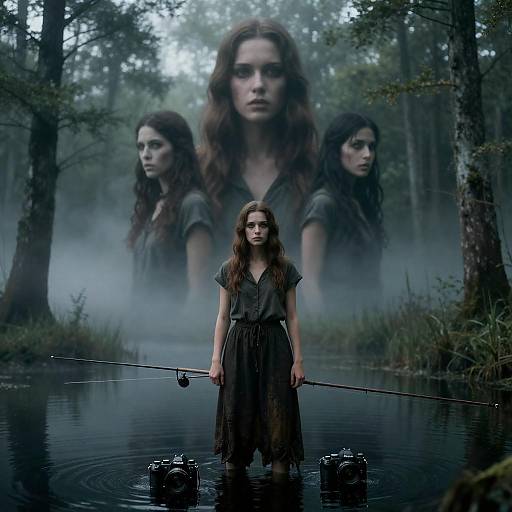 Mysterious Woman Fishing in Foggy Swamp