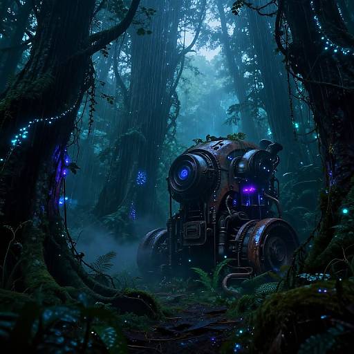 A futuristic, glowing robot with blue lights stands in a dark, misty, enchanted forest, surrounded by towering trees and luminescent fireflies.