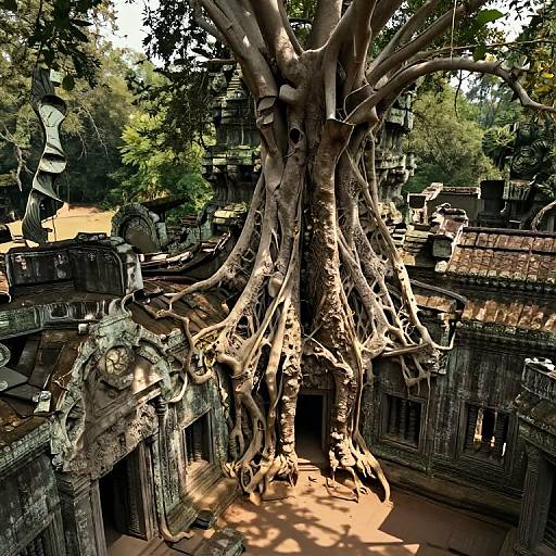Photograph of a massive ancient tree with extensive roots enveloping an ancient, weathered stone temple complex, surrounded by lush greenery.