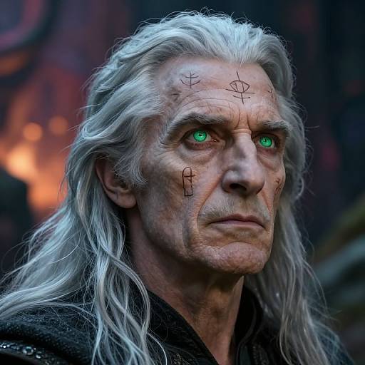 Photorealistic portrait of an elderly man with long white hair, green glowing eyes, and rune tattoos on his forehead, wearing dark medieval clothing, against