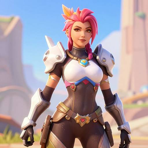CGI image of a pink-haired woman with pointed ears, wearing white and black armor, blue gem, and pink accents, standing confidently in a sunny