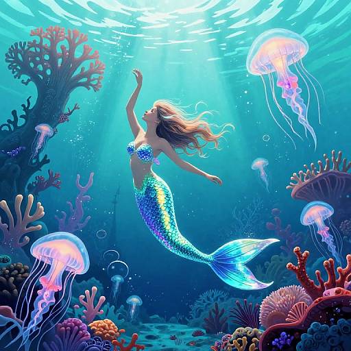 Digital illustration of a blue mermaid with flowing hair, surrounded by colorful coral reefs and glowing jellyfish in a vibrant underwater scene.
