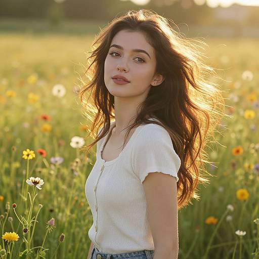 Photograph of a young woman with long, wavy brown hair, wearing a white ribbed shirt, standing in a sunlit field of colorful wild