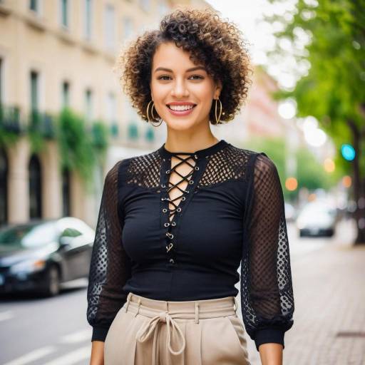 Smiling woman with curly hair in stylish outfit