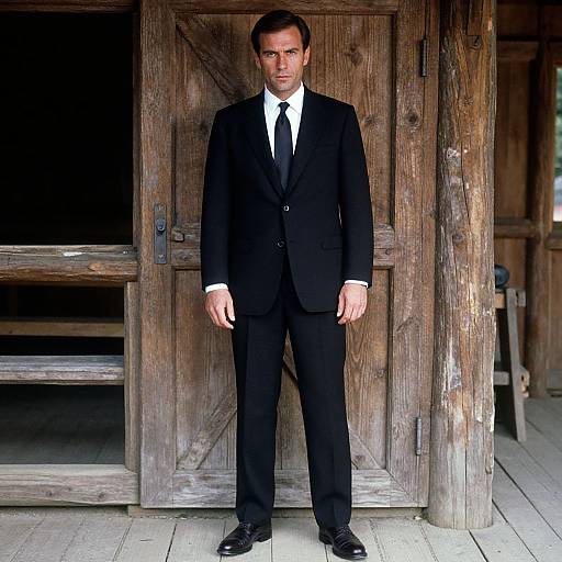 Photograph of a serious-looking man in a black suit, white shirt, and black tie standing in front of a rustic wooden door.