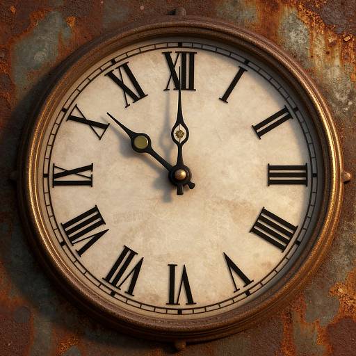 Vintage, weathered clock with Roman numerals, black hands, and an ornate gold frame, set against a rusted, textured background.