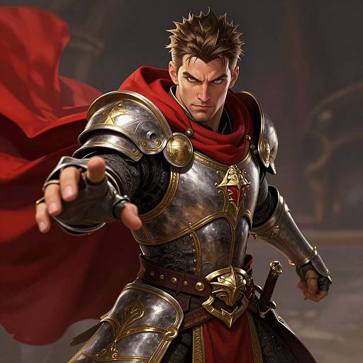 Digital illustration of a muscular, stern-faced male warrior with spiked brown hair, wearing polished silver armor, red cape, and outstretched right hand,