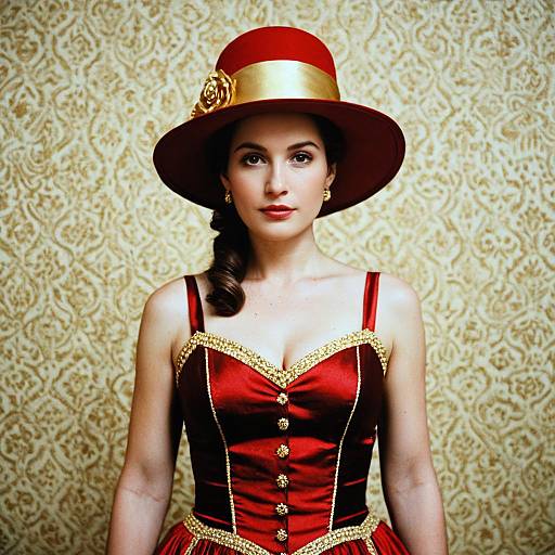 Elegant Michele Woman in Red Gold Dress