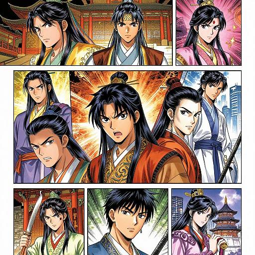 Digital anime-style comic strip featuring multiple close-ups of a serious, black-haired samurai in traditional Japanese clothing with varied backgrounds.