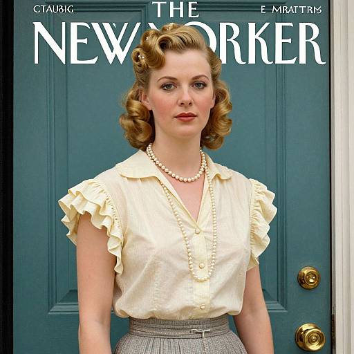 Photograph of a 1940s-style blonde woman with curled hair, wearing a cream blouse with ruffles, pearl necklace, and high-wa