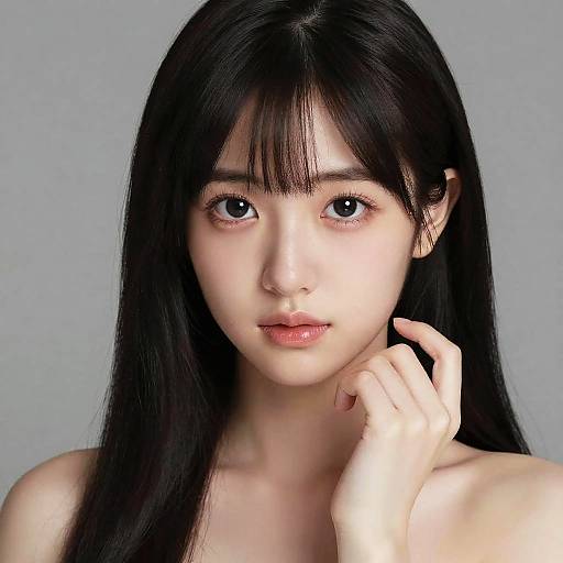 Photorealistic digital portrait of a young Asian woman with long black hair, fair skin, and large dark eyes, gazing softly at the camera,