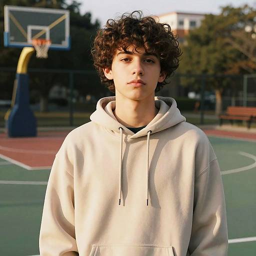 Teen Boy with Curly Shag Hairstyle on Basketball Court