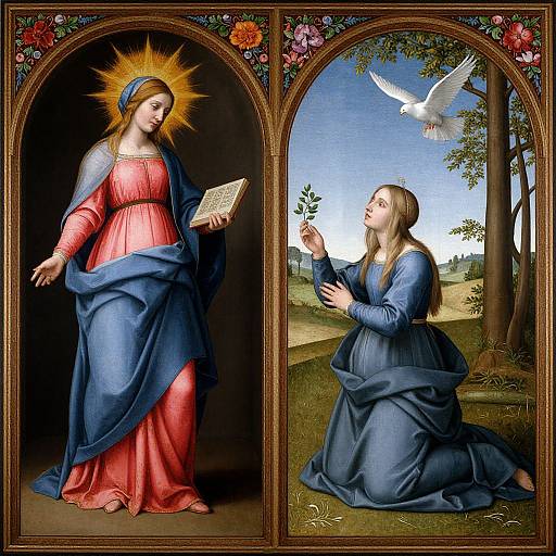 Renaissance-style painting of the Virgin Mary in red and blue robes, haloed, giving a book to kneeling Mary Magdalene, with a
