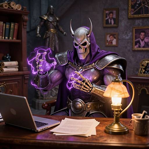Photorealistic digital art: skeletal warrior with purple hood and glowing purple magic, seated at wooden desk with lamp, laptop, and papers.