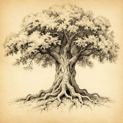 Ink drawing of a detailed, gnarled tree with sprawling roots and dense, leafy canopy, rendered in monochrome against a beige background.