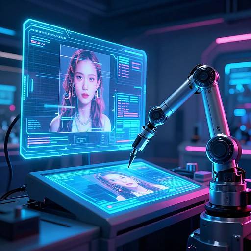 Digital photograph of a futuristic workstation with a neon-lit monitor displaying a virtual face, and a robotic arm drawing on a glowing blue screen.