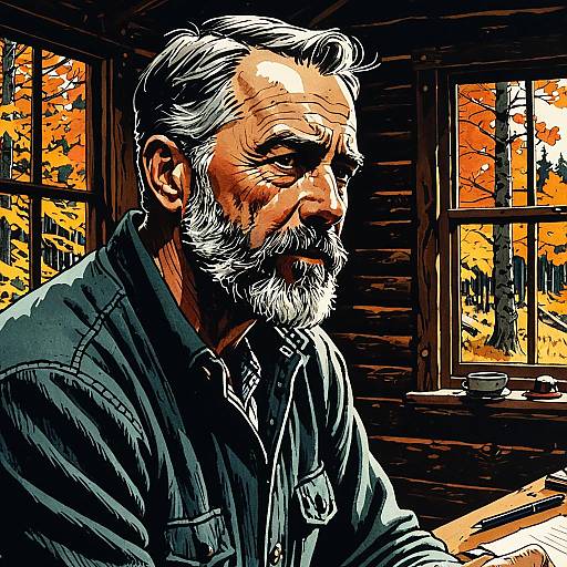 Illustration of Bearded Man in Autumn Cabin