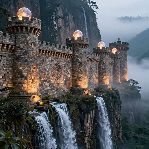 Fantastical castle with glowing orbs on towers, perched on cliffs with cascading waterfalls, surrounded by misty forest at dusk.