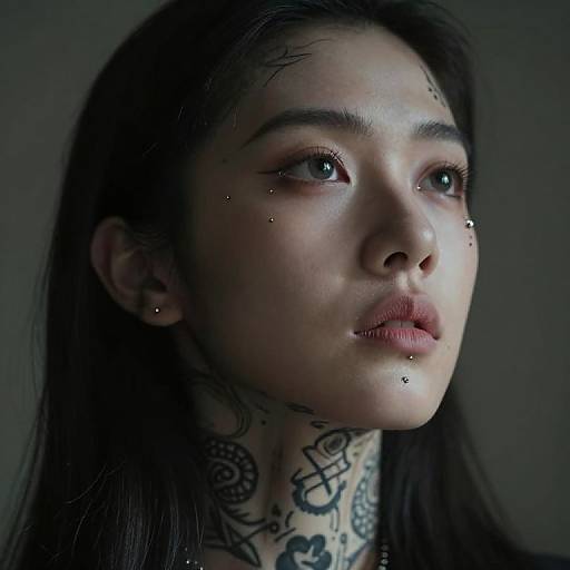 Photograph of a pale-skinned, tattooed woman with black hair, piercings on her face and neck, and blue eyes, gazing