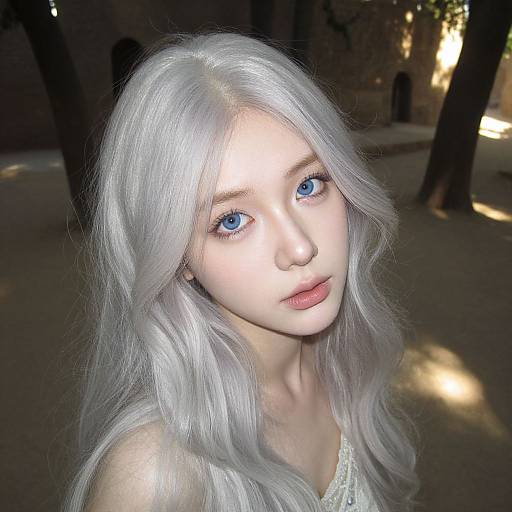 Photograph of a young woman with long, silver-white hair and striking blue eyes, standing in a dimly lit, shadowy outdoor setting. Her