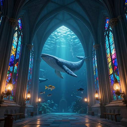 Photograph-like digital art: massive whale and colorful fish swim underwater through a grand, Gothic cathedral with vibrant stained glass windows.