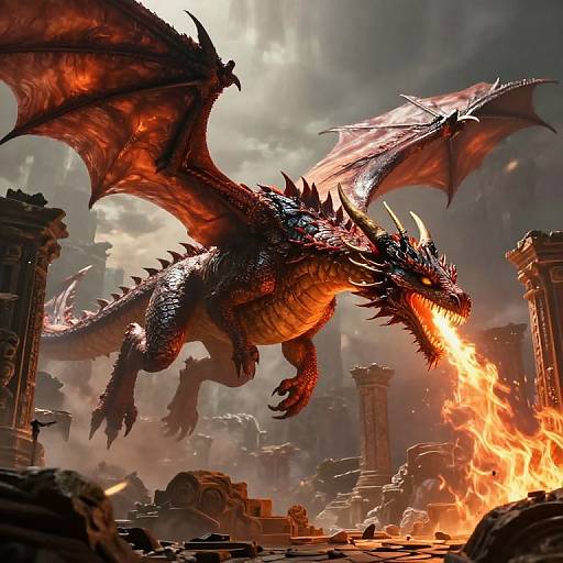 Digital fantasy artwork of a fierce, red-scaled dragon with glowing orange eyes and fiery breath, soaring over a burning, ruined cityscape with crumbling columns