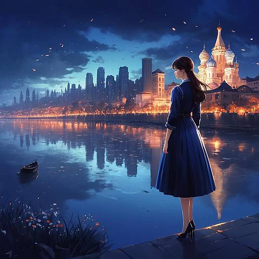 Evening City Landscape with Girl