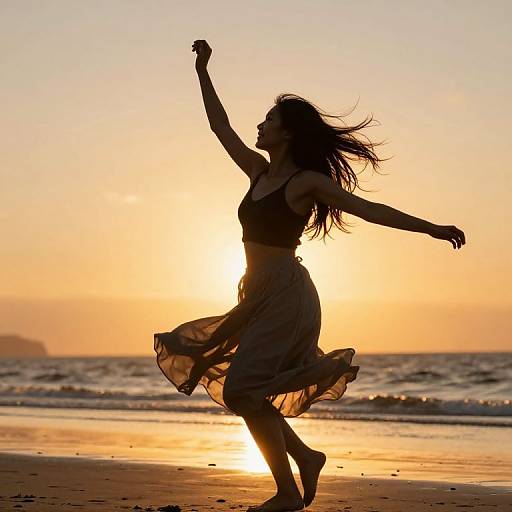 Silhouetted woman with flowing hair and dress, arms raised, dancing at sunset on a beach with golden sky and gentle waves.