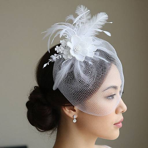 Photograph of an Asian woman with fair skin, dark hair in a bun, wearing a white netted fascinator adorned with white feathers and delicate flowers