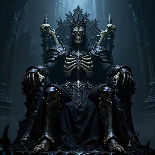Dark fantasy digital artwork of a skeletal king with a crown, armored in black, holding skulls on a gothic throne.