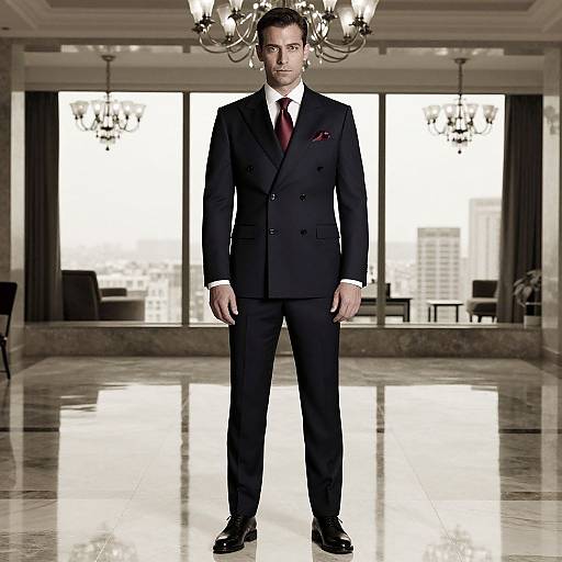 Photograph of a tall, handsome man in a black double-breasted suit, white shirt, red tie, standing in a luxurious, sunlit room