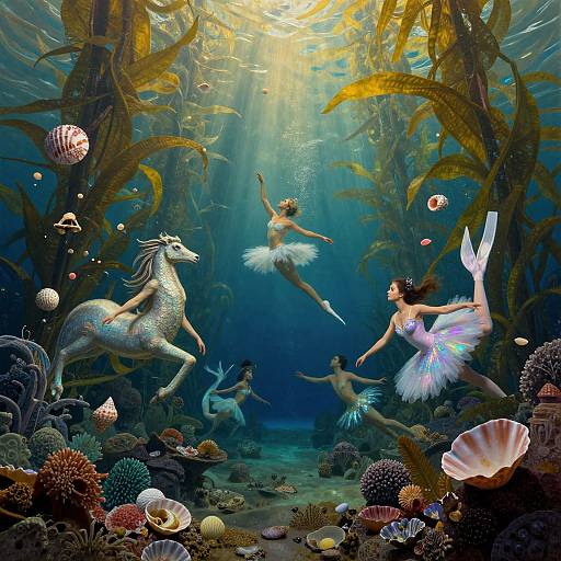 Digital artwork: Underwater scene with mermaids in white tutus, one with a fish tail, a unicorn-like sea creature, and colorful coral reef