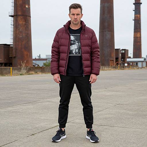 Street-Ready Man in Burgundy Puffer