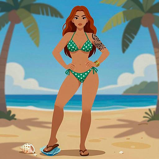 Confident Beach Woman in Polka Dot Bikini