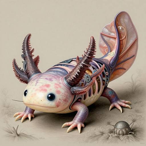 Digital CGI of a fantastical, bioluminescent, insectoid creature with pink and purple exoskeleton, intricate patterns, and spiked antennae