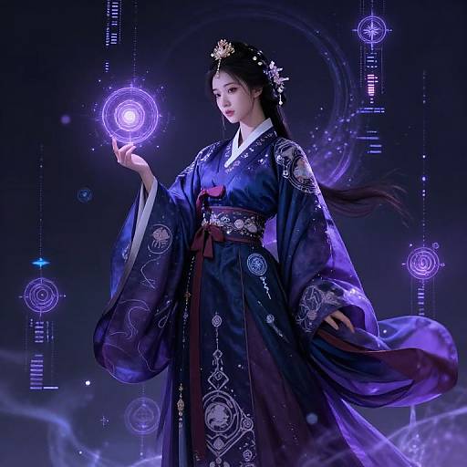 Digital artwork of an Asian woman in a dark blue, ornate kimono with glowing purple circles and mystical symbols, holding a radiant orb against a star