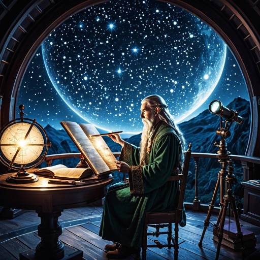 Elven Scholar Studying Star Charts in Celestial Observatory Elven Scholar Studying Star Charts in Celestial Observatory