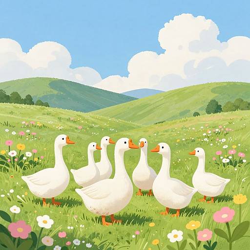 Digital illustration of five white geese with orange beaks and feet, standing in a colorful, sunlit meadow with green hills, flowers, and