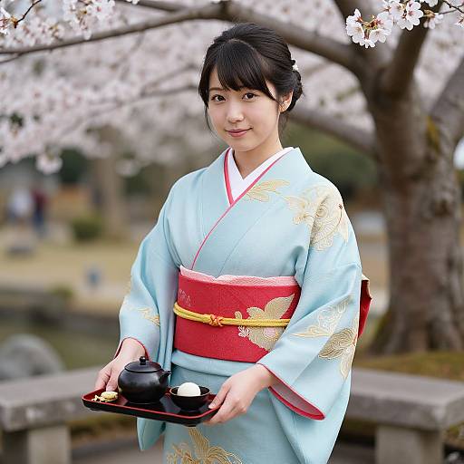 Photorealistic Japanese Waitress in Tea Garden