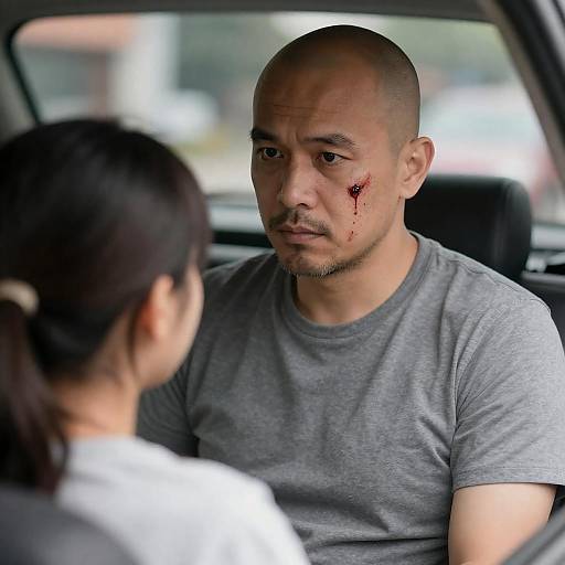 Serious Bald Man with Cheek Blood