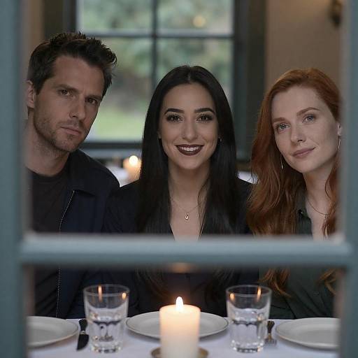 Three People Looking Through Window at Dinner Table