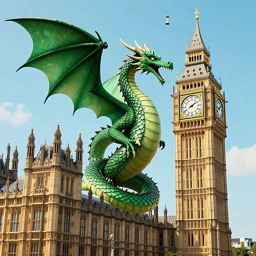 Photograph of a green dragon with large wings and yellow-green underbelly, perched on top of the iconic Big Ben clock tower in London,