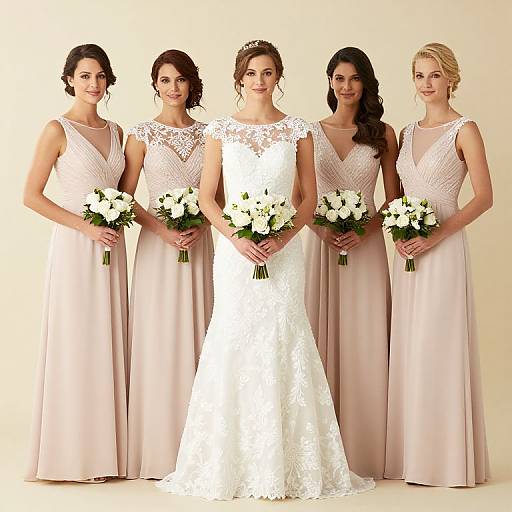 Photograph of five bridesmaids in pink lace dresses, standing beside a smiling bride in a white lace wedding gown, all holding white bouquets.