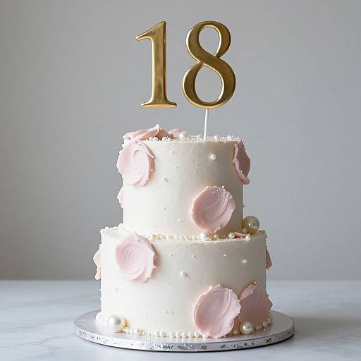 Photograph of a two-tiered white cake with pink rose-shaped buttercream decorations, topped with a gold 