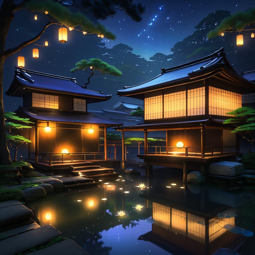 Cozy Nighttime Onsen with Fireflies