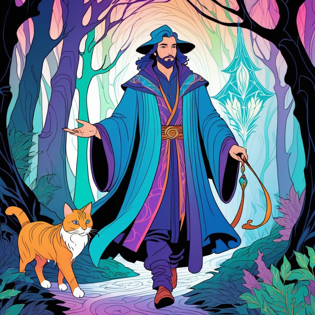 Sorcerer and Cat in Mystical Forest