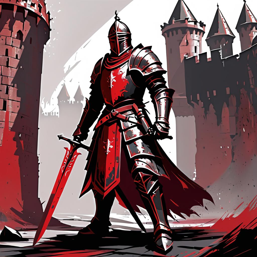 Medieval Knight in Battle-Scarred Fortress